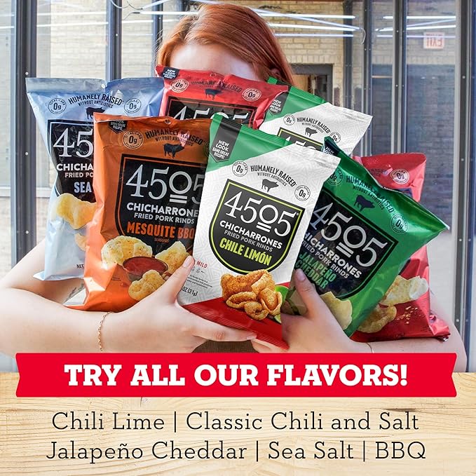 4505 Tajin Seasoned Chicharrones Fried Pork Rinds - Chile Limon Mild Flavored Pork Skins - Low Carb Gluten-Free Protein Snack - 2.7oz (Pack of 12)