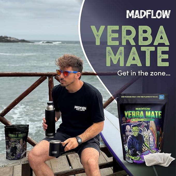 MADFLOW Yerba Mate Tea Bags (100 Mate Tea Bags). Organic &amp Unsmoked. Resealable Packaging. Alternative to Yerba Mate Loose Leaf.