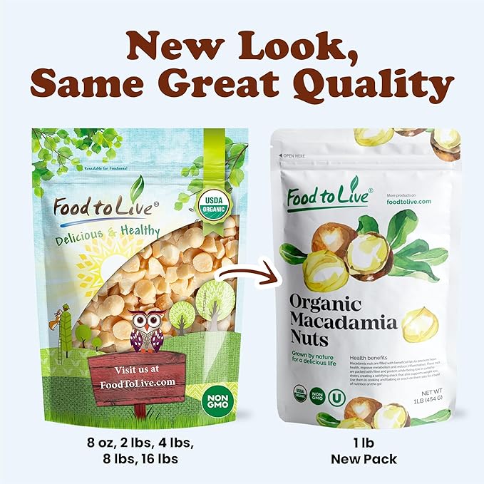 Food to Live Organic Dry Roasted Macadamia Nuts Halves and Pieces 1 Pound – Oven Toasted Unsalted Snack Great for Baking and as Topping for Salads. Non-GMO Vegan Kosher Bulk