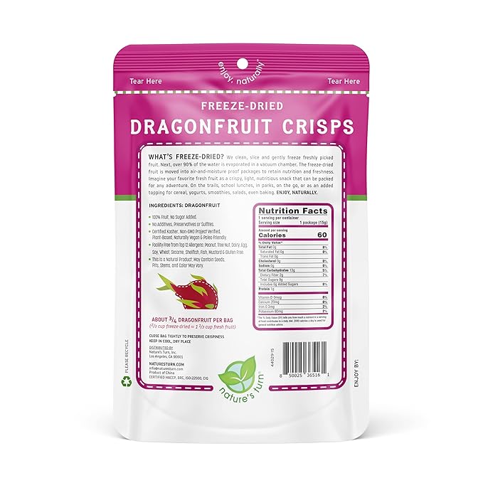 Nature’s Turn Freeze-Dried Dragon Fruit Crisps – Healthy Gluten-Free Crispy &amp Delicious Plant-Based Snack Ideal for Cereal Smoothies School Lunches &amp On-the-Go Bags of 12 (0.53 oz Each