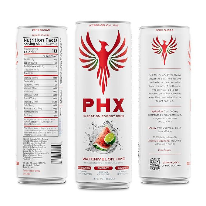PHX Hydration Energy Drink - 700mg Electrolytes 200mg Natural Green Tea Caffeine 100% Daily Value 8 Essential Vitamins - 12 oz Cans (12 Pack) (12 Pack Watermelon Lime)