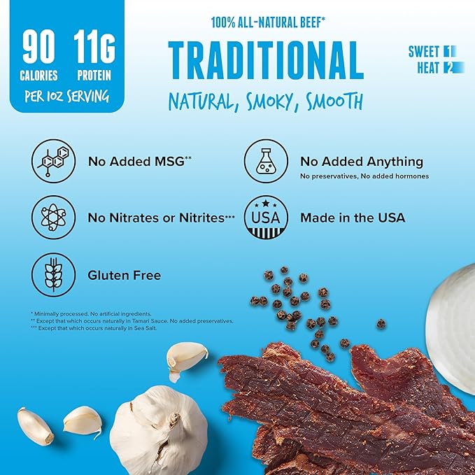 BAJA BEEF Traditional Beef Jerky - Sweet and Spicy Beef Jerky Snack Packs Healthy Jerky Gluten-Free All-Natural Beef No MSG Made in the USA - 2.5 Oz Bags (Pack of 4)
