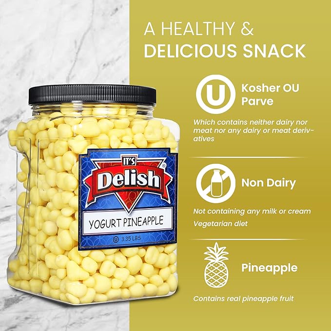 Yogurt Covered Pineapple Dices by It's Delish 3 LBS Jumbo Container | Kosher Dairy-Free Jumbo Yogurt Covered Fruit for Vegan Snacking | Dried Diced Pineapple Coated in Yogurt-Flavored Shell Snack Tre