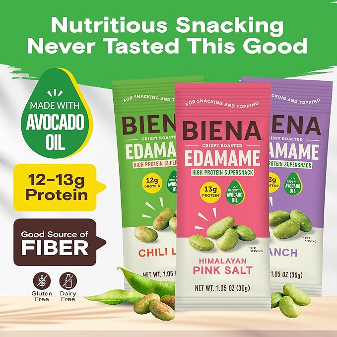 Biena Crispy Roasted Edamame Beans Snack – High Protein Low Carb Snack for Adults &amp Kids 12g-13g Protein per Serving - Made w/Avocado Oil – Vegan Gluten-Free – 18-Pack 1.05oz Variety Pack