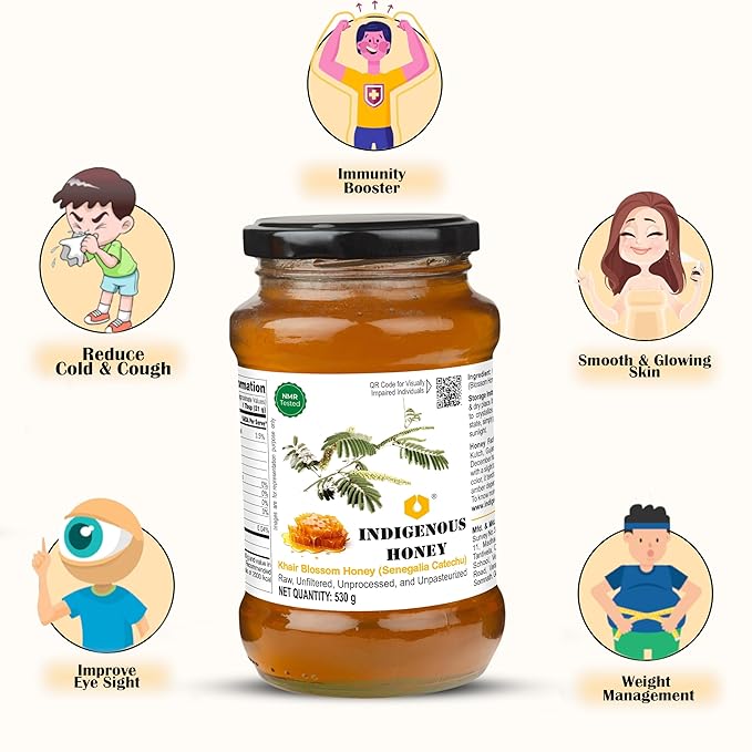 INDIGENOUS HONEY Khair Honey Raw Organic Natural Pure Unprocessed NMR Tested Unpasteurized Unheated 530g Glass Jar Pack of 1