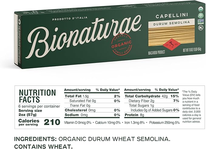Bionaturae Capellini Pasta Noodles - Durum Semolina Pasta Kosher High Protein Non-GMO USDA Certified Durum Semolina Capellini Organic Capellini Pasta Crafted in Italy - 16 Oz 12 Pack