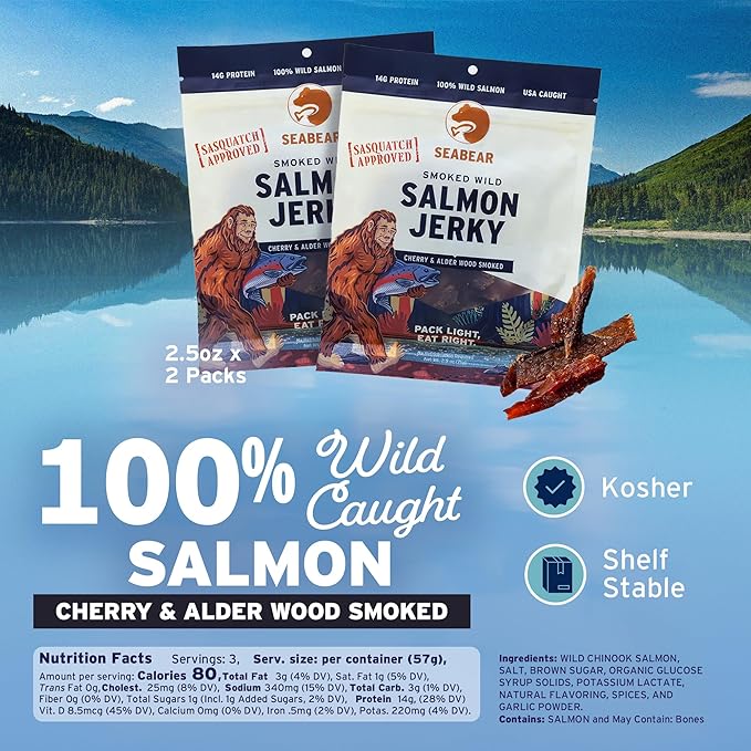 SeaBear Sasquatch Approved Smoked Salmon Jerky 2-Pack Wild Alaskan King Salmon High-Protein Snack Smoked &amp Ready to Eat Salmon Jerky 2.5 oz Bag (Pack of 2)