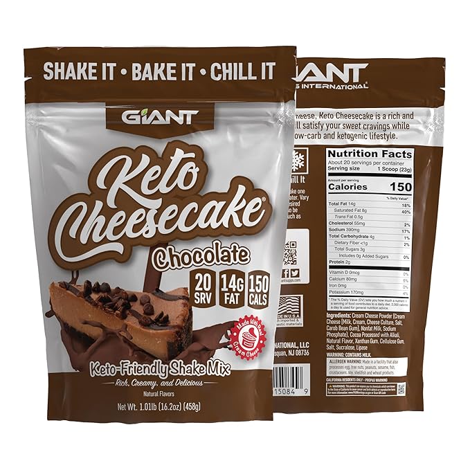 Giant Sports Keto Cheesecake Shake Mix - Delicious Low Carb Ketogenic Diet Gluten Free Powder Mix - Works Great with Almond Milk - Chocolate (20 Serving Bag)