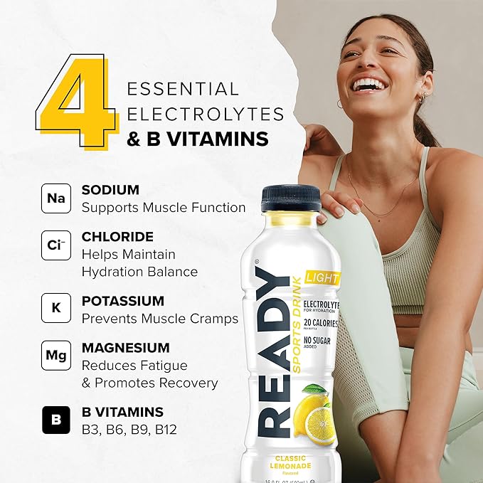 Ready® Sports Drink Light – The Ultimate Low-Calorie Hydration Drink with 4 Different Electrolytes – No Added Sugars – Naturally Sweetened &amp Flavored – Classic Lemonade16.9 oz (12-Pack)