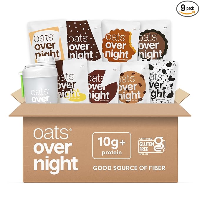 Oats Overnight Chocolate Variety Pack - High Protein High Fiber Breakfast Protein Shake - Gluten Free Non GMO Protein Oatmeal - Smores Dark Chocolate Sea Salt &amp More (8 Pack + Shaker Bottle)