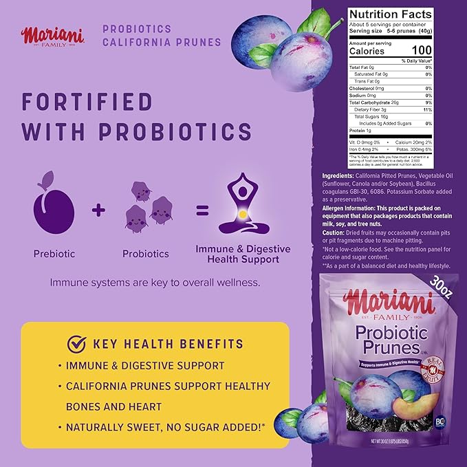 Mariani Probiotic Prunes Pitted Unsweetened 30oz - Bulk Dried Fruits No Sugar Added - California Dried Prunes Pitted Unsweetened - Supports Healthy Bones Immune and Digestive Health