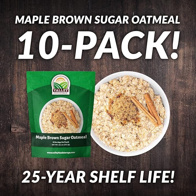 Valley Food Storage Maple Brown Sugar Oatmeal | 10-Bag Bucket 100 Servings | Premium Emergency Food Supply 25 Year Shelf Life | Survival Breakfast Food for Prepper Storage &amp Camping