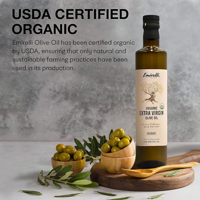 Emirelli Organic Extra Virgin Olive Oil - USDA Certified Rich in Polyphenols First Cold Pressed - Early Harvest Smooth Intense and Delicate Flavor - Glass Bottle 16.9 Fl Oz (Organic Delicate Inte