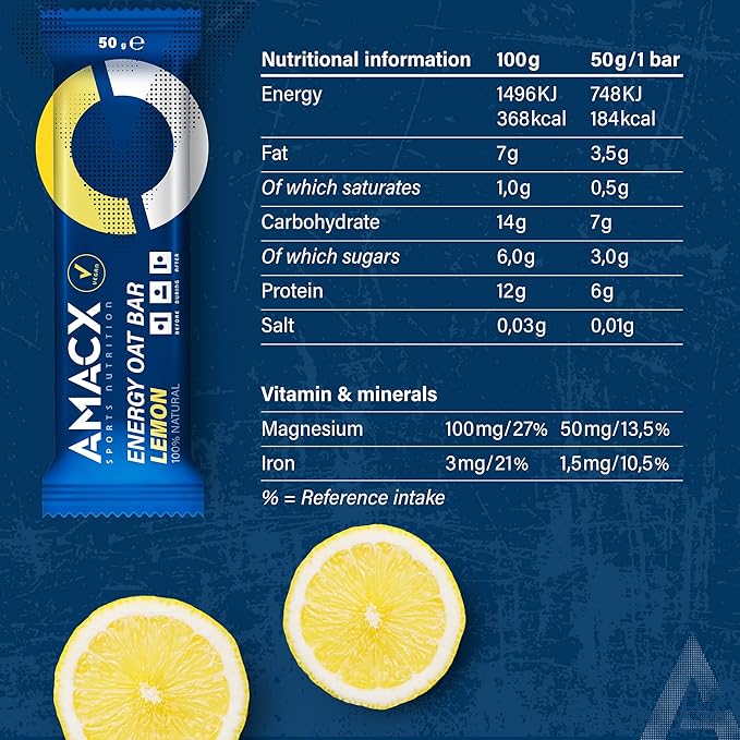 AMACX Energy Oat Bar for Endurance Sports – 12 x 50g – Energy Bars Carbohydrate mix (31g) – Vegan Protein Bar with 50mg magnesium – Running &amp Hiking Snacks – Healthy Oatmeal Power Bars - Lemon