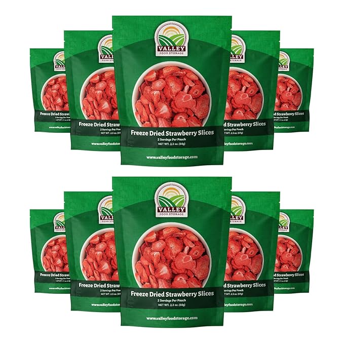 Valley Food Storage Freeze Dried Strawberries | Emergency Food Supply 25 Year Shelf Life | Survival Food Camping Snacks &amp Long Term Prepper Storage | Real Fruit Packaged in USA (10 Bags + Bucke