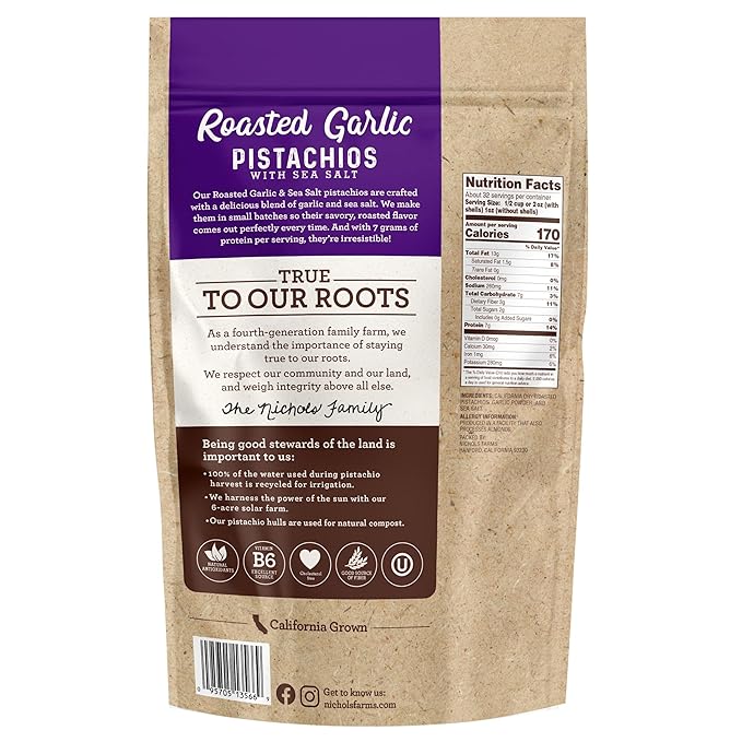 Nichols Farms California Grown Pistachios InShell Nutrient Rich Snack Packs Roasted Garlic 2LB