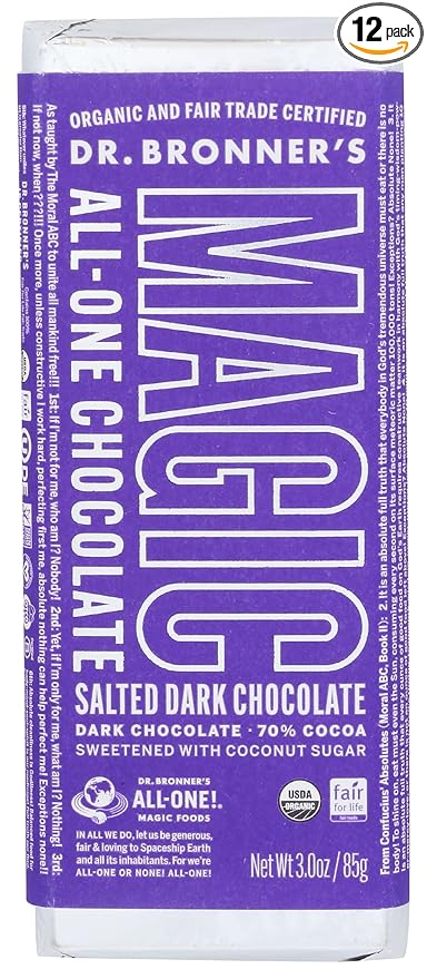 Dr. Bronner's Salted Magic All One Dark Chocolate Bar 70% Cocoa Non GMO Vegan 3 Ounces (Pack Of 12)