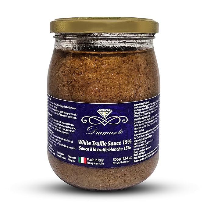 Diamante Italy White Truffle Sauce with High 15% White Truffle Content - Authentic Italian Gourmet White Truffle &amp Mushroom Sauce - Non GMO Vegan &amp Made in Italy - 500g