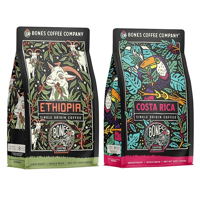 Bones Coffee Company Ethiopia and Costa Rica Single Origin Flavored Coffee Bundle Light Roast and Medium Roast Low Acid Arabica Beans 12 Oz Whole Bean