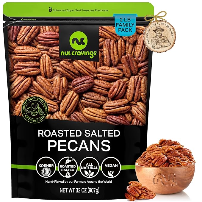 NUT CRAVINGS - Pecans Halves Roasted &amp Salted No Shell (32oz - 2 LB) Bulk Nuts Packed Fresh in Resealable Bag - Healthy Protein Food Snack Food Assortments