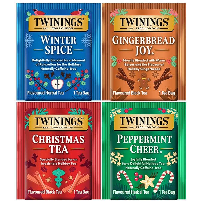 Twinings Holiday Variety Pack Tea Bags Christmas Tea Winter Spice Gingerbread Joy Peppermint Cheer 20 Count (Pack of 4) Enjoy Hot or Iced 80 Teabags