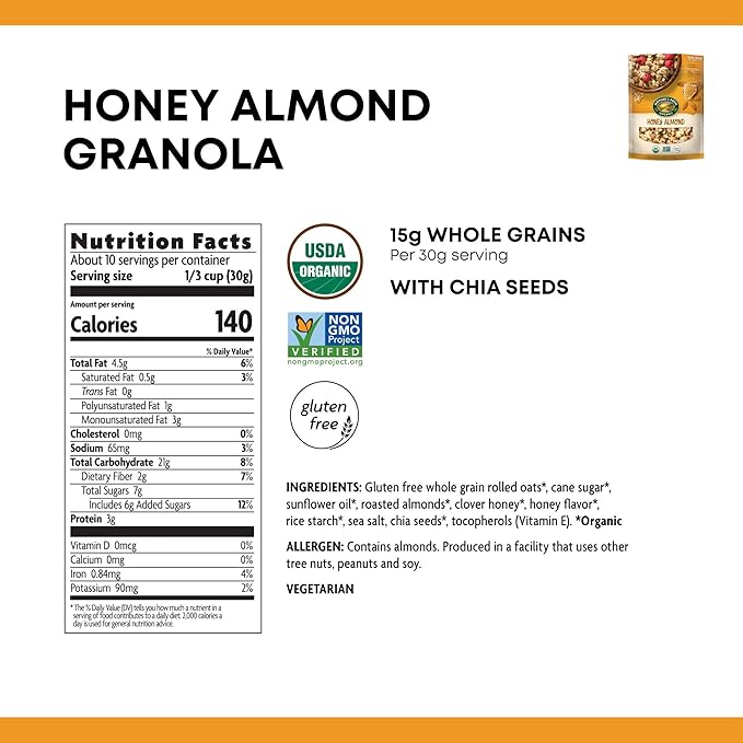 Nature's Path Organic Gluten Free Honey Almond Granola 11 Ounce (Pack of 5) Non-GMO 15g Whole Grains with Omega-3 Rich Chia Seeds