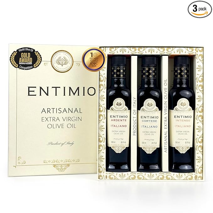 Entimio Collection Organic Italian Extra Virgin Olive Oil Gift Set from Italy 600+ to 1000+ mg/kg High in Polyphenols 2025 Gold Winner Early Harvest evoo Cold Extracted Lab Tested – 3 x 8.5 fl o