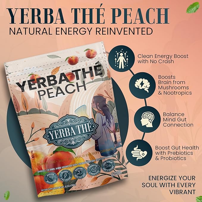 Yerba Mate Powder - Clean Energy &amp Focus - Organic Yerba Mate Tea 350g - Supports Gut Health with Probiotics &amp Prebiotics Brain Fog Relief Focus &amp Relaxation - Peach Flavor 35 Servings