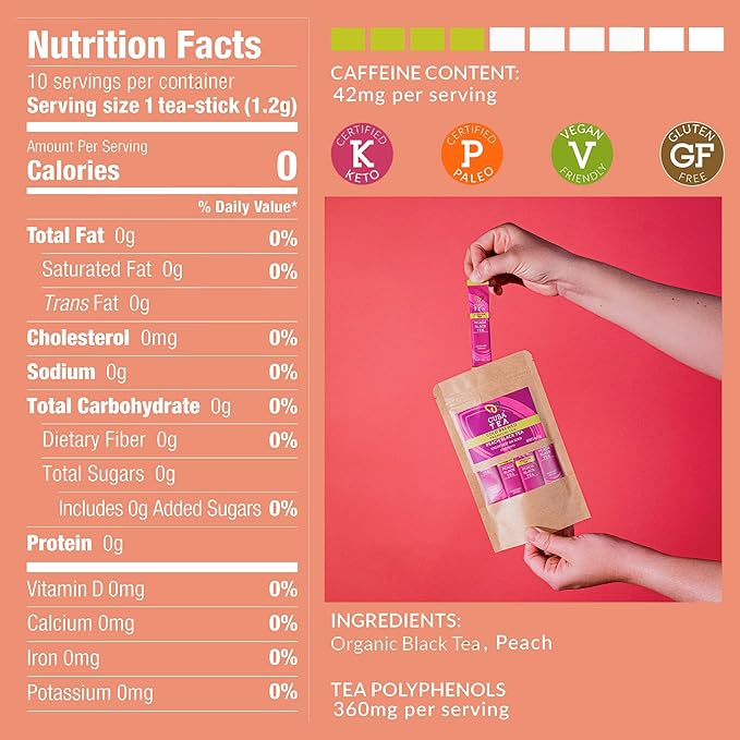 Cusa Tea &amp Coffee | Premium Instant Peach Black Tea With Real Fruit &amp Spices | Organic Leaves Drink Mix Packets | Hot or Iced Tea (10 Single Servings)
