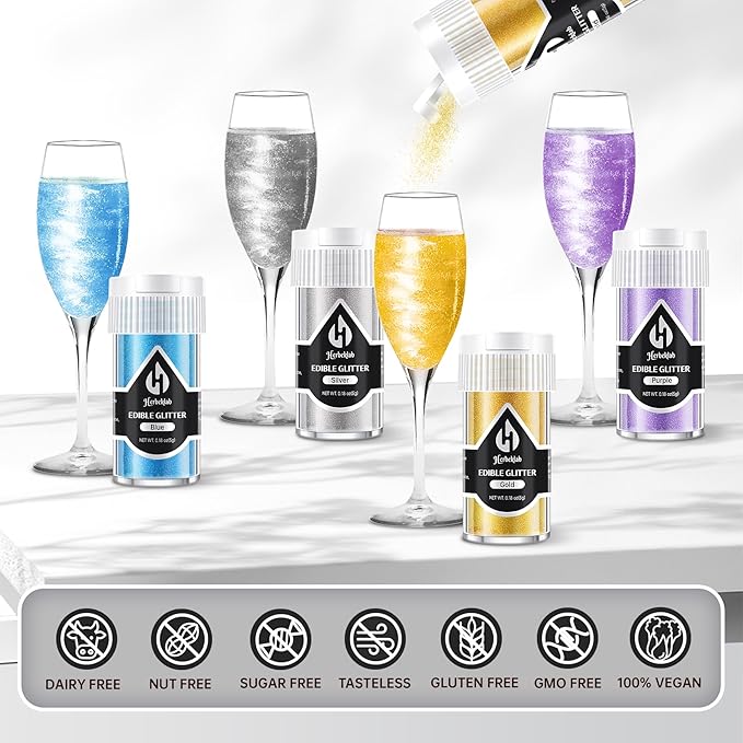 Edible Glitter – 12 Colors Luster Dust Drink Glitter Food Grade Cocktail Shimmer Powder for Beverages Cakes Chocolate &amp Candy 5g/Bottle Christmas Holiday Festive Baking Decoration