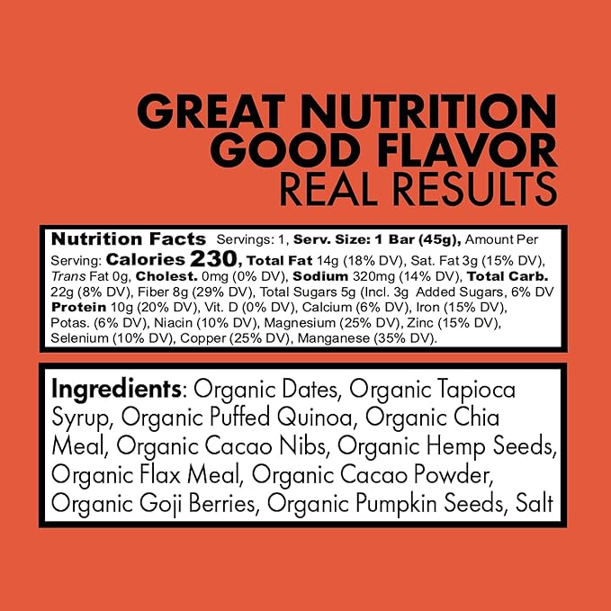 Joulebody Cacao Goji Good Mood Bars Meal Replacement Bars Plant Based Gluten-Free Organic Ingredients 10 Bars per Box
