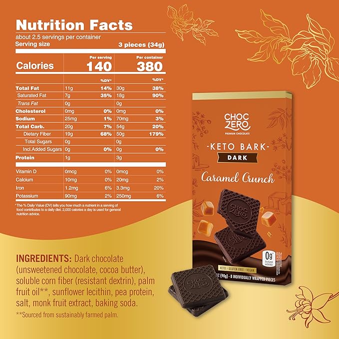 ChocZero Dark Chocolate Caramel Crunch Bark Sugar Free Vegan Low Carb High Fiber Keto Friendly No Sugar Alcohols (4 Count 3.2oz Boxes)