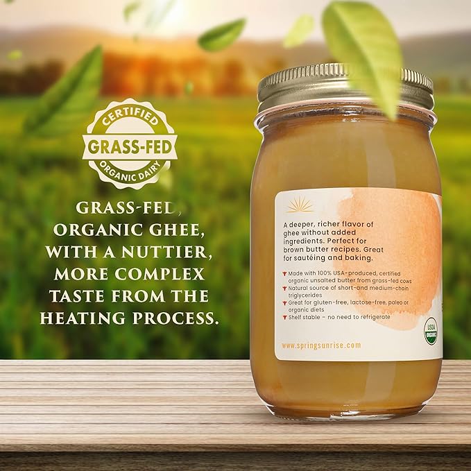 Spring Sunrise Organic Brown Ghee - Grass Fed Clarified Butter - Keto &amp Paleo Friendly Lactose &amp Gluten Free Cooking Oil with High Smoke Point - 16 oz Jar
