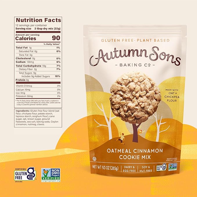 Autumn Sons Baking Co. Gluten Free Oatmeal Cinnamon Cookie Mix. Vegan Plant Based Baking Mix. Top 9 Allergen Free. Dairy Free Nut Free Soy Free Non GMO. 9.3 oz (Pack of 3)