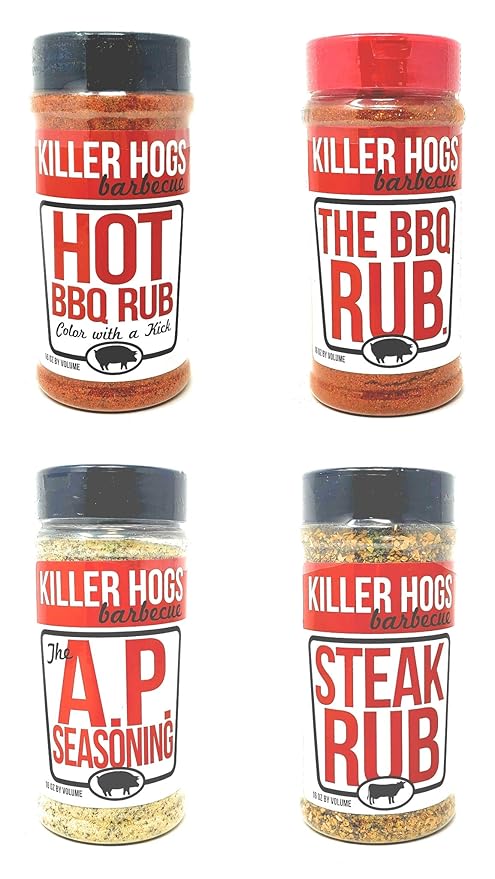Killer Hogs Barbecue Rub Variety Pack - Hot BBQ Steak Rub A.P. Seasoning and Original BBQ Rub - Pack of 4 Bottles - 48 oz Total - Bulk Killer Hogs Barbecue Seasoning
