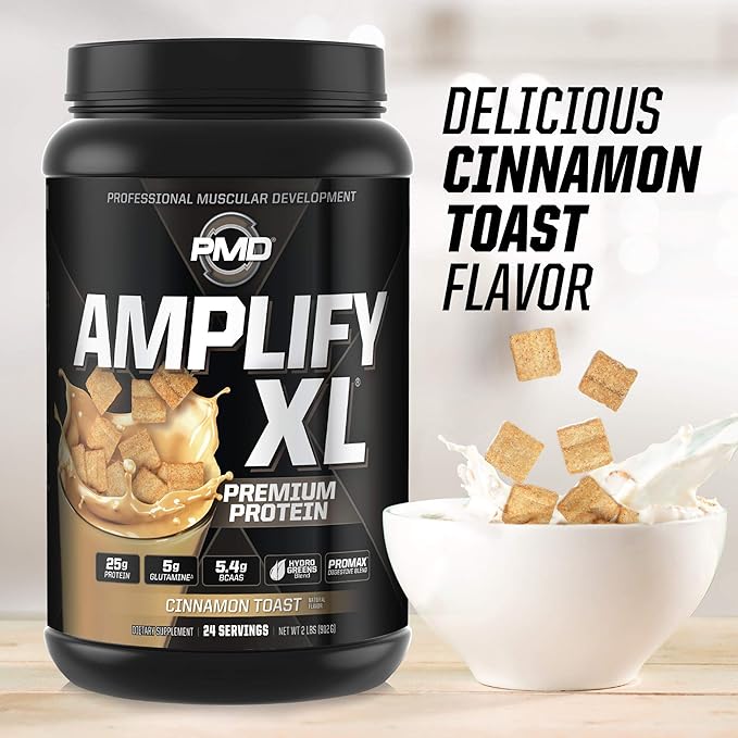 PMD Sports Amplify XL Premium Whey Protein Supplement Hydro Greens Blend - Glutamine and Whey Protein Matrix with Superfood for Muscle Strength and Recovery - Cinnamon Toast (24 Servings)