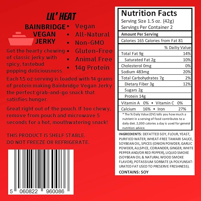 Bainbridge Vegan Jerky – Lil' Heat 28 Grams of Vegan Protein All Natural Non-GMO Gluten Free Vegan Snacks/Vegetarian Jerky 3 oz (Pack of 3)