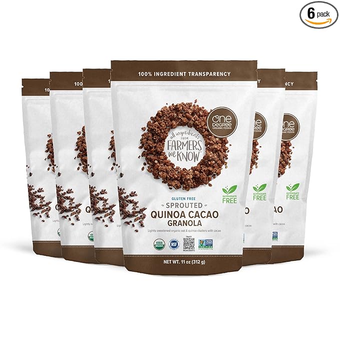 One Degree Organic Foods Sprouted Oat Quinoa Cacao Gluten Free Granola - USDA Organic Vegan (11 oz. - 6 pack)