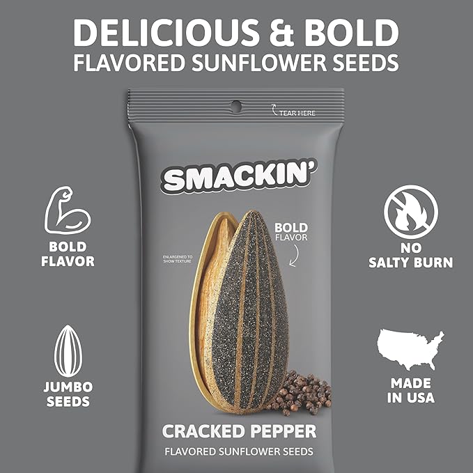 SMACKIN' Sunflower Seeds Roasted Jumbo Small-Batch American Made - Cracked Pepper. 1.5oz bags (6 Pack)