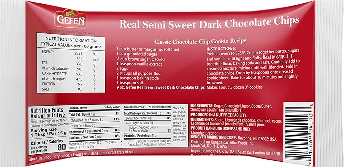 Gefen Vegan Semi Sweet Real Dark Chocolate Chips Dairy Free 9oz (3 Pack)Nut Free Lactose Free Kosher Great for Baking