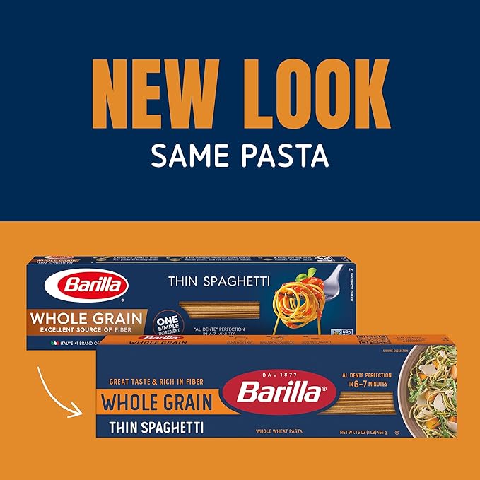 Barilla Whole Grain Thin Spaghetti Pasta 16 oz. Box (Pack of 20) - Non-GMO Made With 100% Whole Grain Durum Wheat - Great Source of Fiber