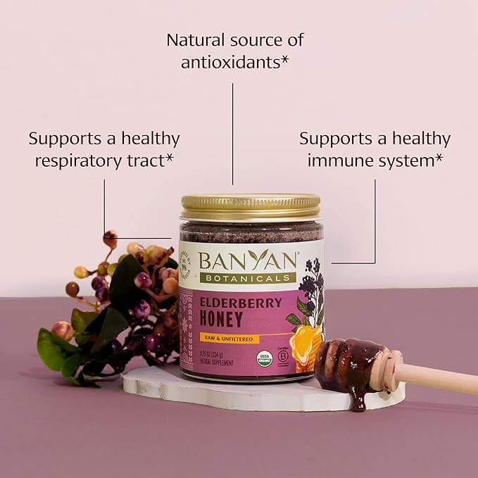 Banyan Botanicals Organic Elderberry Honey – With Sambucus Amla &amp Marshmallow ­­– Elderberry Immune Support for Kids &amp Adults* – 8.25 Oz – Raw Unfiltered Pollinator-Friendly Sustainably So