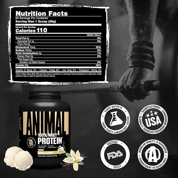 Animal 100% Whey Protein Powder – Whey Blend for Pre Workout or Post Workout Recovery or an Anytime Low Sugar Protein Boost Meal Replacement with BCAA Branched Chain Amino Acids – Vanilla 4 lb