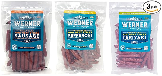 Werner Mini Sausage Sticks Pepperoni Sticks Teriyaki Meat Sticks Variety Pack of 3 – 12 Ounce Resealable Bag
