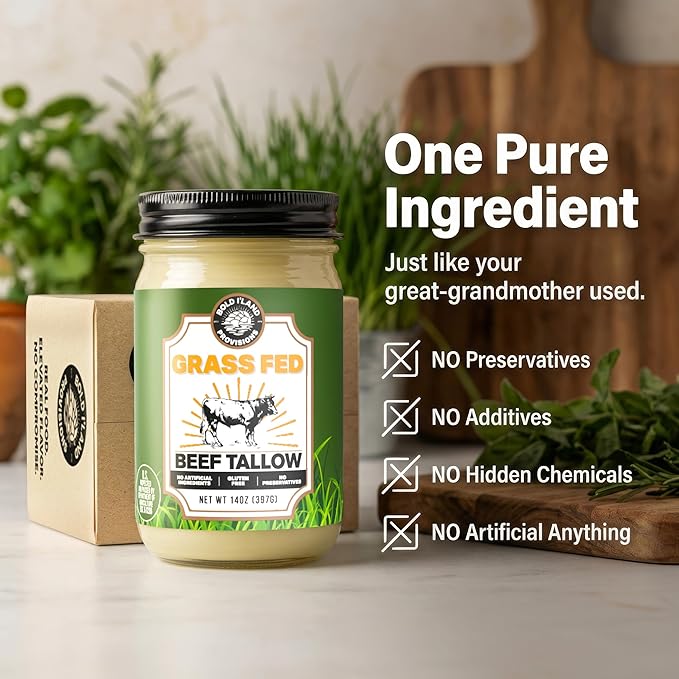 100% Pure Grass Fed Beef Tallow for Cooking – Clean Non-Seed Oil Cooking Fat - Keto and Paleo Diet Friendly – Perfect for Whole 30 – Carnivore Diet – Gluten Free Protein Snacks for Adults – Made in th