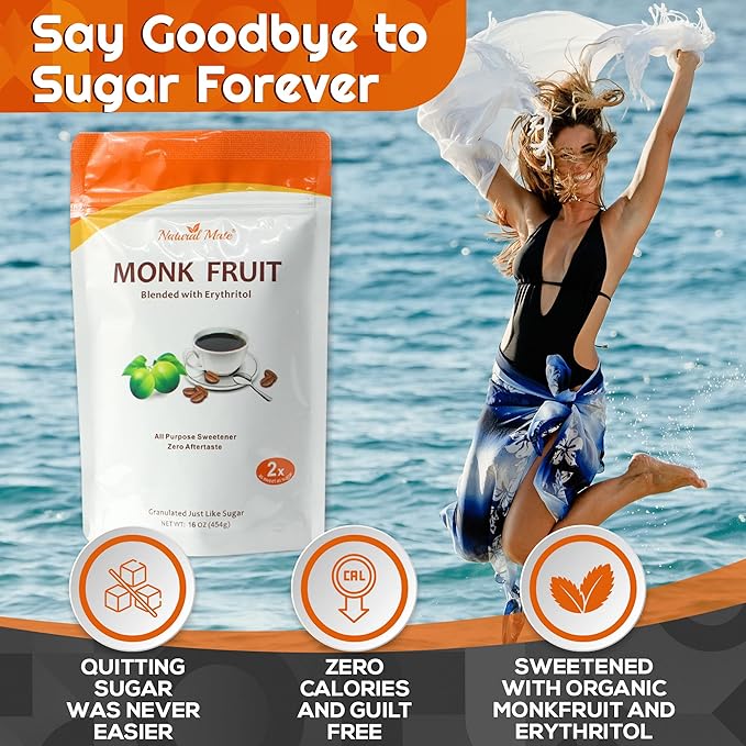 Monk Fruit Zero Calorie Sweetener (2x Sugar Sweet Original) 16 oz - Granular Powder Blended with Erythritol - Sweet Natural Alternative to Xylitol and Stevia - Sugar Replacement for Keto Paleo Low