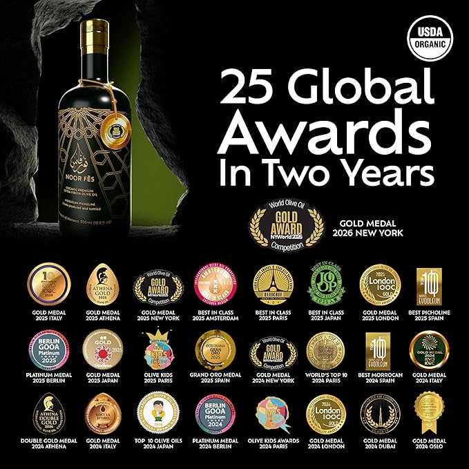 NOOR FÈS 20+ Awards EVOO | Polyphenol Rich 584 mg/kg | USDA Organic Extra Virgin Olive Oil | Moroccan Picholine | Cold Extracted Olive Oil | Great Gift for Chefs | 17 Oz.
