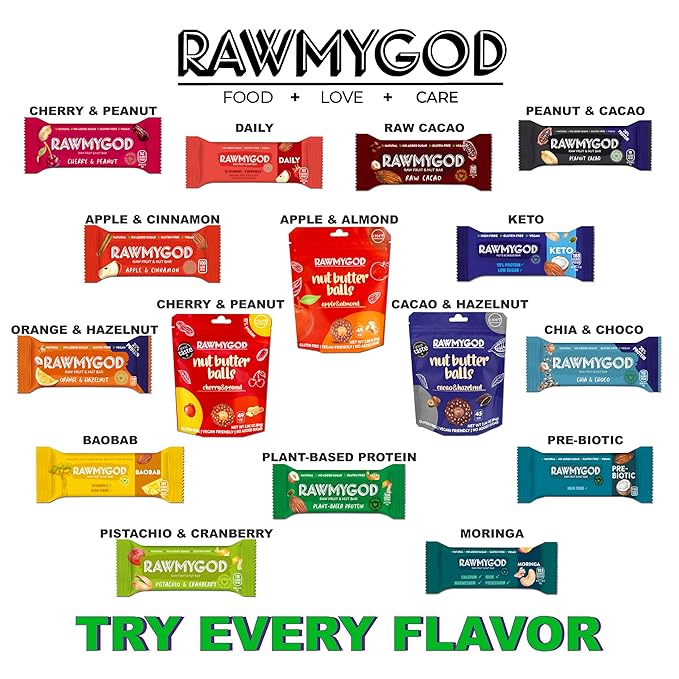 RAWMYGOD Fruit and Nut Bars Gluten Free Vegan No Added Sugar (16 bars Cherry &amp Peanut)