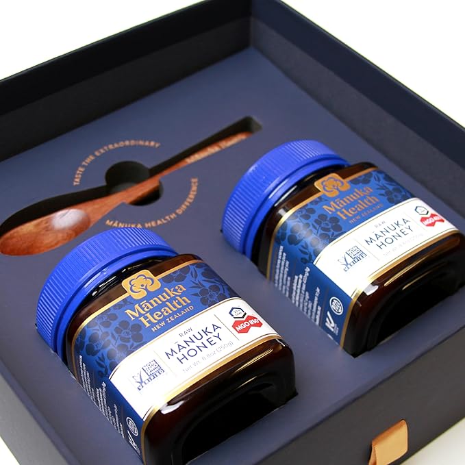 Manuka Health Holiday Gift Set Certified Raw Manuka Honey from New Zealand Includes UMF 20+/MGO 850+ 8.8oz Jar and UMF 13+/MGO 400+ 8.8 oz Jar with Wood Spoon