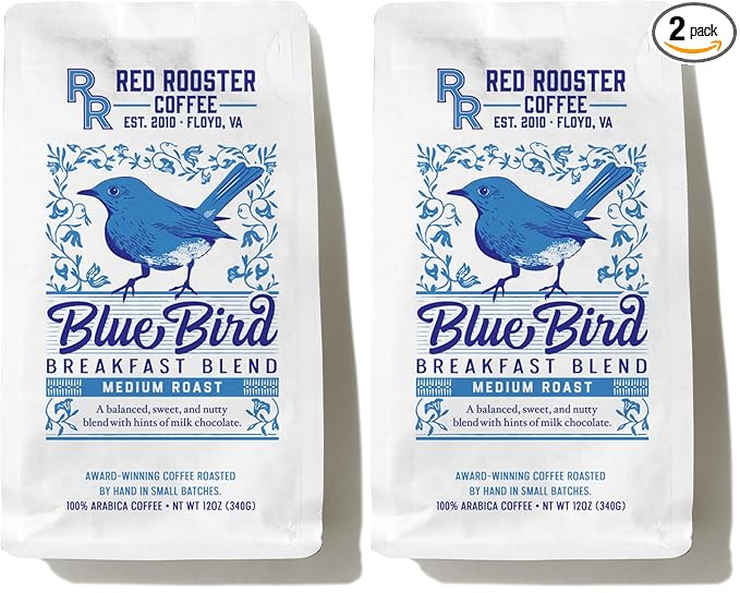 Red Rooster Coffee Blue Bird Breakfast Blend - Sweet Nutty Medium Roast Blend With Hints of Milk Chocolate - 12 oz. Whole Bean (Pack of 2)